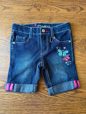 Z. Cavaricci Dark Blue Denim Shorts with Pink Trim and Butterfly Embroidery